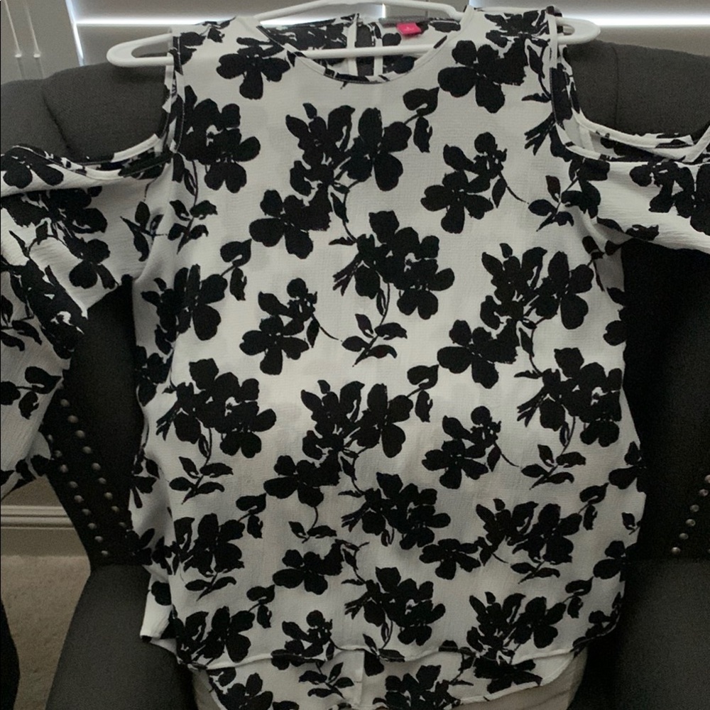 Vince Camuto Black and White Ruffled Cut Out Blouse